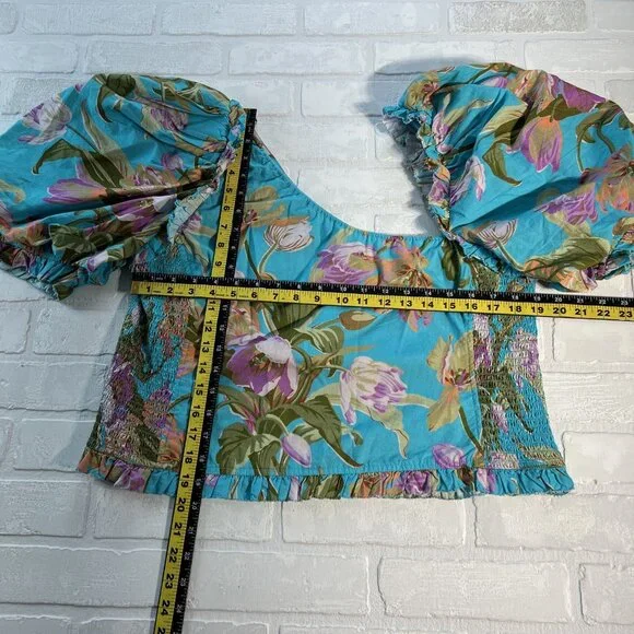 Anthropologie Love The‎ Label Top Womens XL Blue Floral Puff Sleeve Asymmetrical - Picture 3 of 14